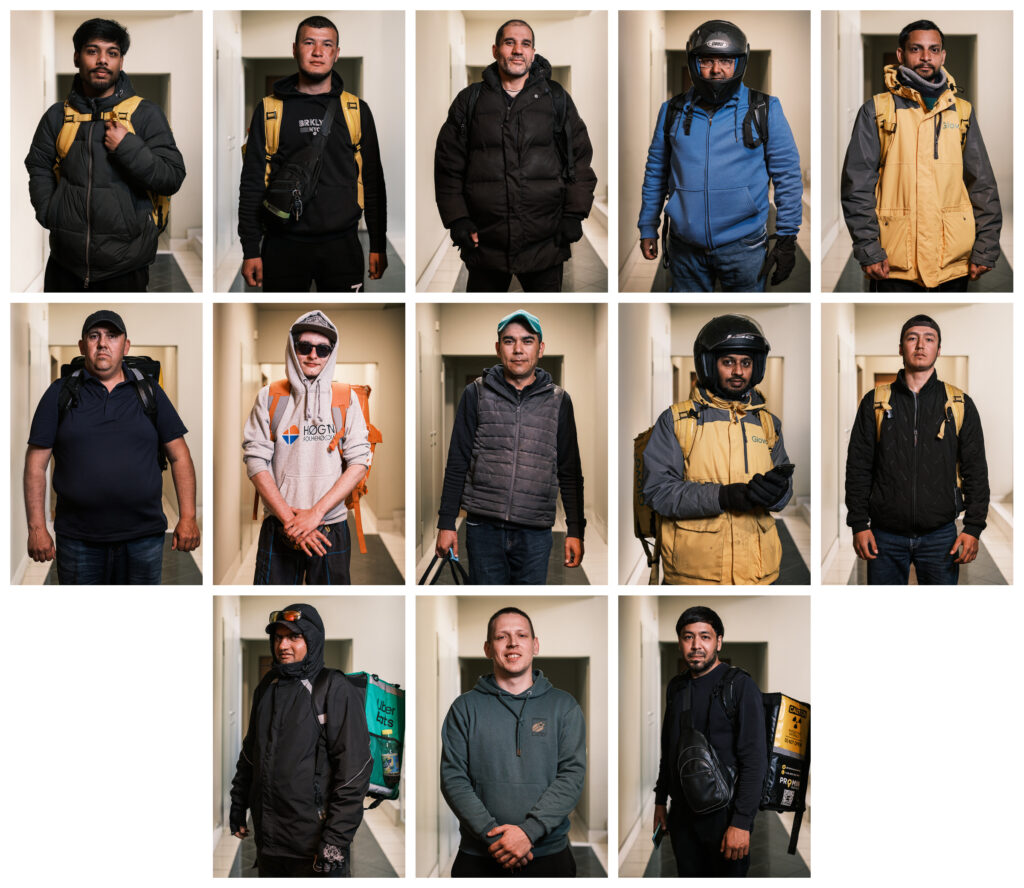 All thirteen portraits of delivery workers in the same doorway, arranged in three rows of five, five and three.