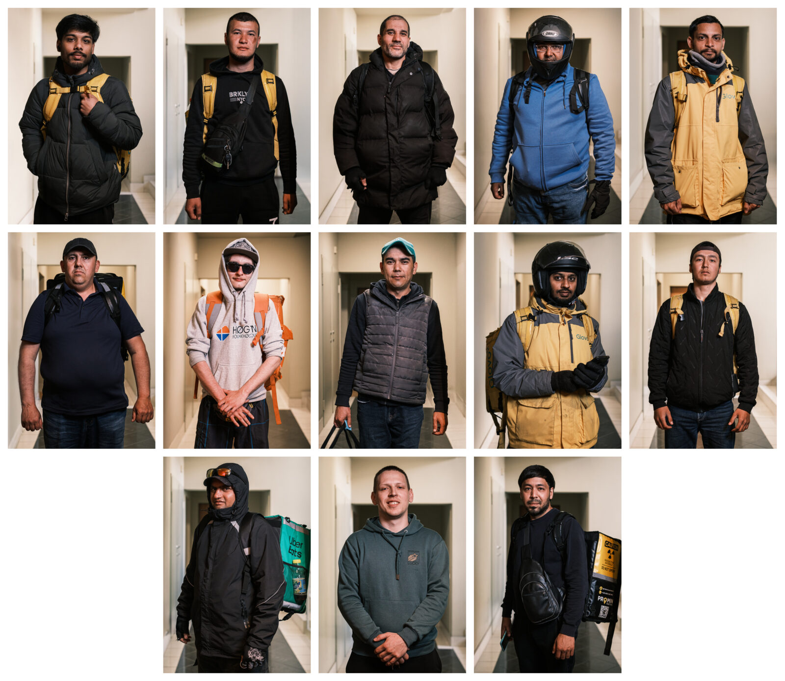 All thirteen portraits of delivery workers in the same doorway, arranged in three rows of five, five and three.